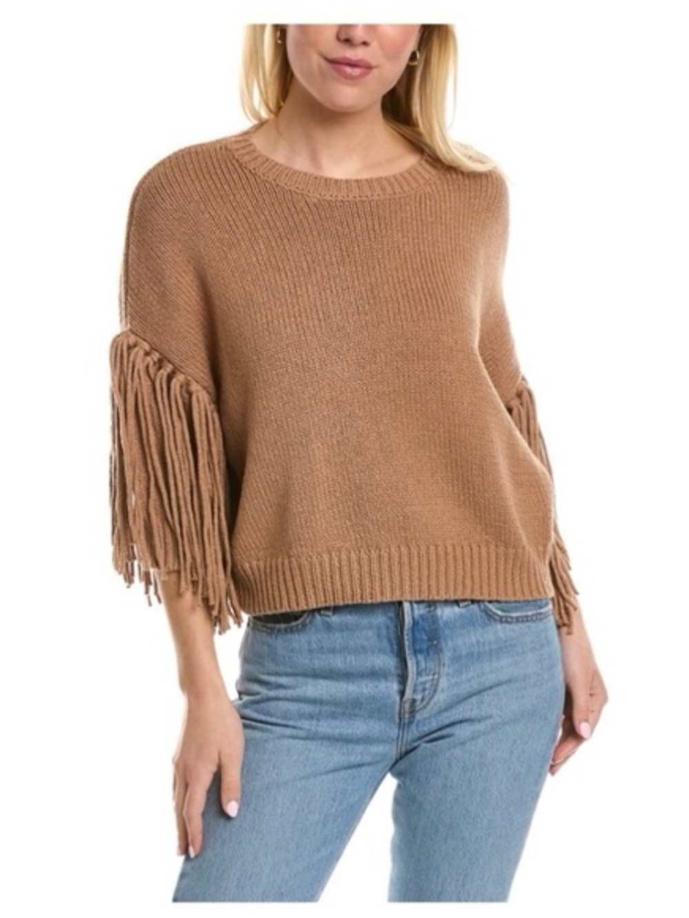 Splendid Beige Fringe Sleeve Crewneck Sweater